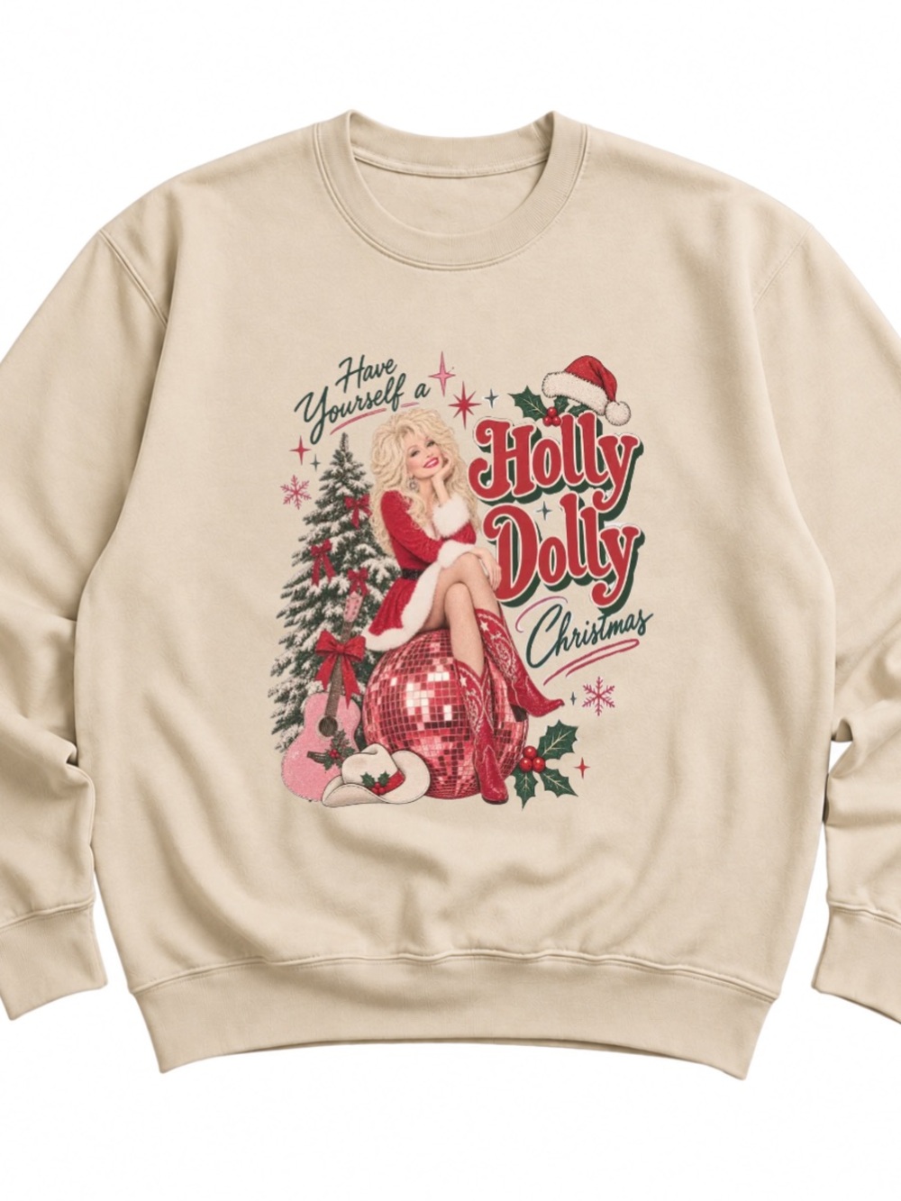 Sand Holly Dolly Christmas Sweatshirt with Red & Green Graphic